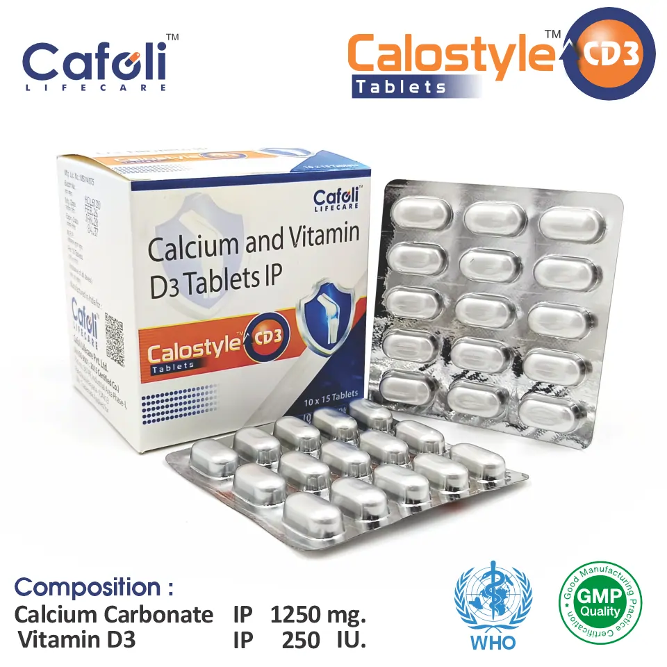 Calcium Carbonate & Vitamin D3 Tablet at the best price in PCD Pharma Franchise for bone health support.